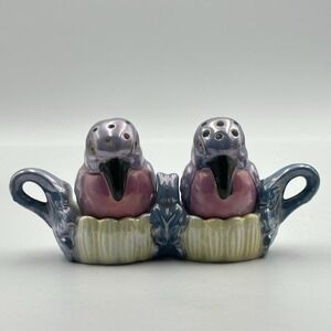 Vintage Japan Lusterware‎ PARROT BIRD SALT AND PEPPER SHAKERS with Tray